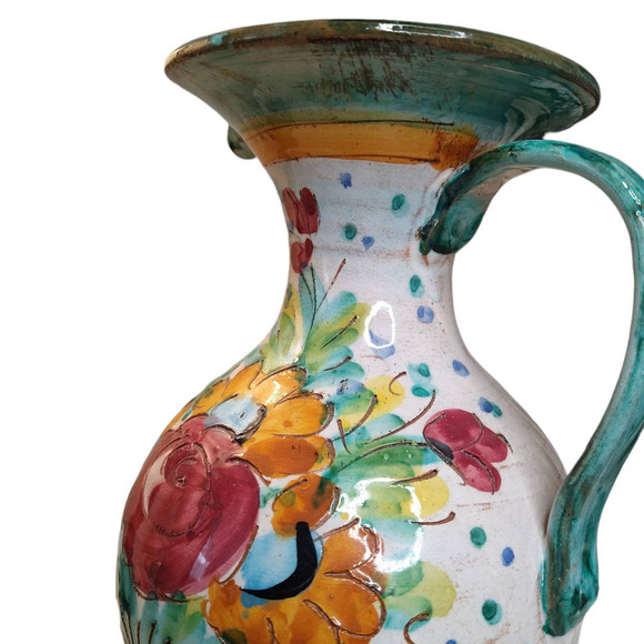 Vintage Hand Painted Pitcher Flowers Pottery Jug Floral Carved Mexico? Italy? - Picture 6 of 8